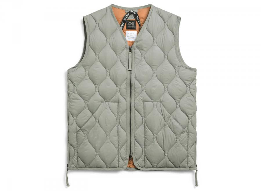 Taion Military V-Neck W Zip Down Nylon Vest Dark Sage Green - Taion
