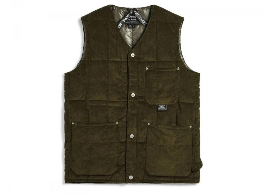 Taion 001BWK-CT Work V Neck Button Corduroy x Down Vest Dark Olive - Taion