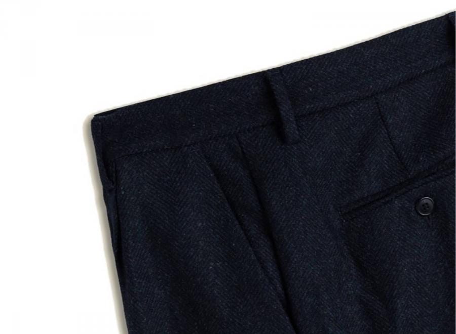 Portuguese Flannel Herringbon Single Pleat Navy - Portuguese Flannel