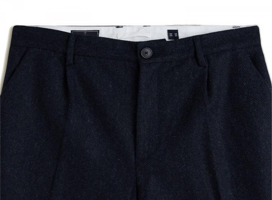 Portuguese Flannel Herringbon Single Pleat Navy - Portuguese Flannel